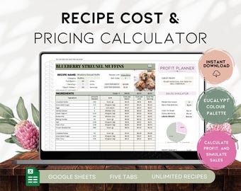 Calculatrice du prix des recettes pour les boulangers, modèle Google Sheets du coût des aliments, suivi des bénéfices et des ventes, téléchargement de feuille de calcul numérique | BS022 - 04