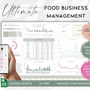 May include: A digital food business management template with charts and graphs, displayed on a computer screen and a smartphone. The design features a eucalyptus color palette and includes the text "Ultimate Food Business Management", "Google Sheets", and "Manage Your Finances".