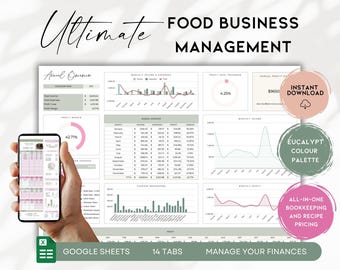 May include: A digital food business management template with charts and graphs, displayed on a computer screen and a smartphone. The design features a eucalyptus color palette and includes the text "Ultimate Food Business Management", "Google Sheets", and "Manage Your Finances".