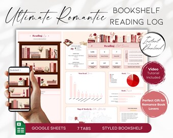 Ultimate Bookshelf Reading Log Spreadsheet V2 | Romantic Valentines | Reading Habit Tracker | Digital Reading Log | Book Club Log BS017 - 01