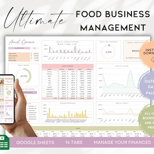 Könnte beinhalten: Eine digitale Vorlage für das Food Business Management mit Diagrammen und Grafiken. Das Bild enthält den Text "Ultimate Food Business Management", "Sofort-Download", "Outback Dawn Palette" und "All-in-One Buchhaltung und Rezeptpreisgestaltung". Ein Smartphone zeigt eine zugehörige Tabelle.