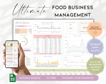 Hoja de cálculo para la gestión de empresas alimentarias, calculadora de contabilidad y costes, herramienta para fijar precios de recetas, rastreador financiero para pequeñas empresas / BS012-04