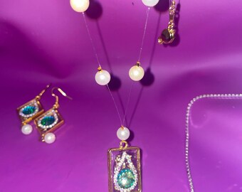Handmade Dragon Egg Resin Jewelry Set, Fantasy Necklace Earrings, Mythical Pearl Accents