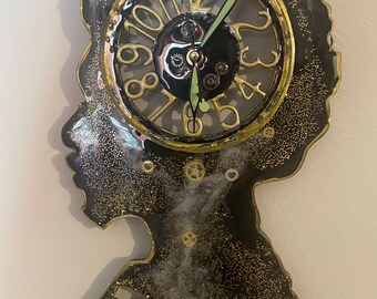 Afro King Silhouette Clock | Black Man Magic Glam Wall Art, Gold Stardust Decor