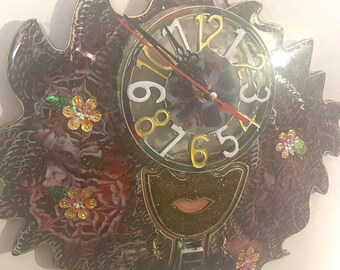 Afro Queen Resin Clock – Hand-Painted Coils, 3D Flowers, Illuminated Wall Art