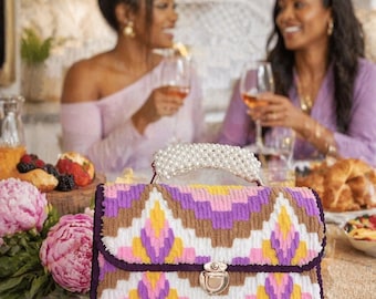 Handmade Multicolor Crochet Handbag | Pearl Handle, Gold Clasp Purse