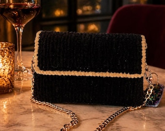 Black Handmade Crochet Purse | Small Structured Handbag | Chain Strap Purse | Floral Lined Bag | Elegant Statement Purse