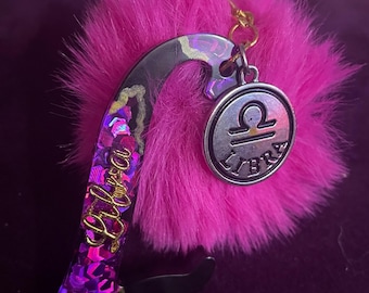 Handmade Glitter Resin Zodiac Keychain with Pom Pom | Astrology Bag Charm