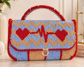 Handmade Crochet Heartbeat Purse | Multicolor Top Handle Bag with Gold Clasp