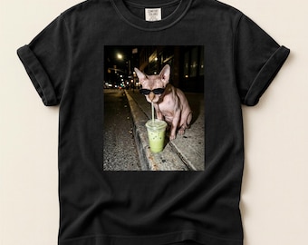 Sphynx Cat Matcha Shirt, Hairless Cat Drinking Iced Matcha Tee, Funny Cat Graphic, Comfort Colors 1717
