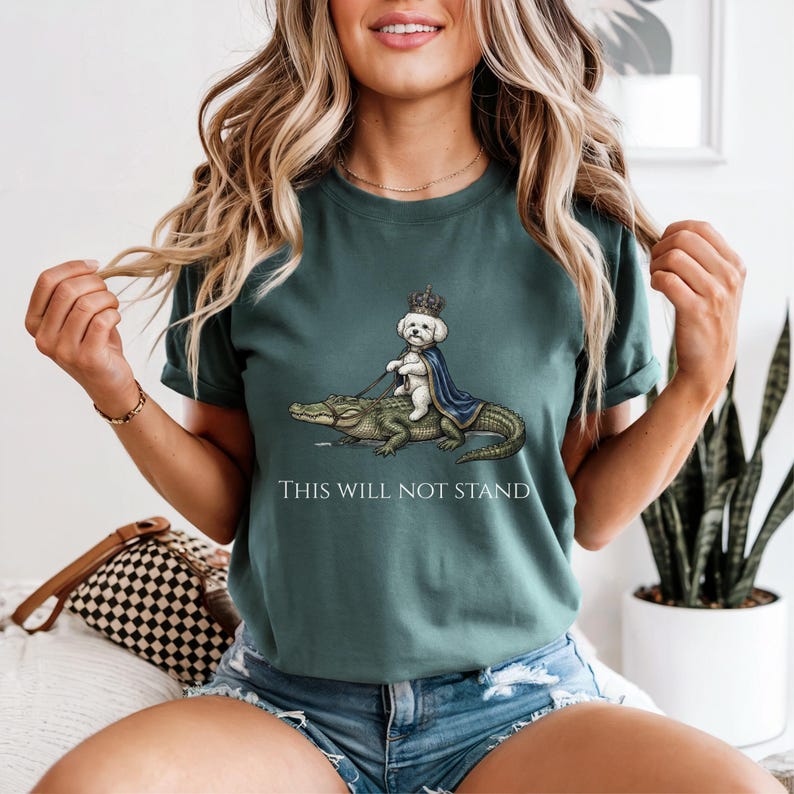 Bichon Frise Shirt, This Will Not Stand Funny Dog Tee, Royal Dog Riding Alligator Graphic, Comfort Colors 1717 image 6