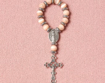 Pink Catholic rosary made from upcycled beads, eco-friendly "Reflection"