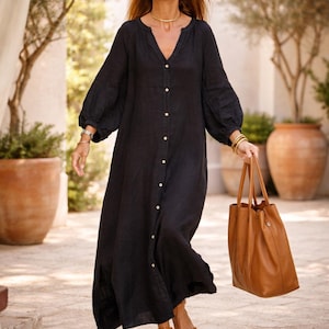 Boho Linen Cotton Maxi Dress | Button Front Long Sleeve Dress | Relaxed Fit Shirt Dress | Minimalist Summer Kaftan