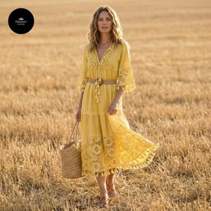 Abito midi in lino boho da donna / Abito da spiaggia in pizzo boho con nappe / Abito estivo fluido in stile cottagecore / Abito romantico per le vacanze