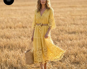 Boho linnen midi-jurk voor dames | Bohokanten strandjurk met kwastjes | Soepelvallende cottagecore-zomerjurk | Romantische vakantie-outfit