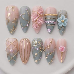 Royalcore Press On Nails, Elegant Floral Fake Nails, Dusty Blue Ombre, Romantic Prom Nails, Regencycore Aesthetic, Coquette Fairycore