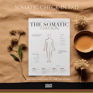 May include: A beige and white "Somatic Check-In Pad" with text and a body diagram. The pad includes prompts for self-reflection, such as "Where do you hold your tension?" and "Map your emotions, release the weight."