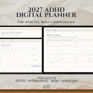 Puede incluir: Un planificador digital TDAH 2027 en la pantalla de una tableta, con una vista anual, un calendario mensual para enero de 2027 y una vista semanal del 27 de dic. de 2026 al 2 de ene. de 2027. La interfaz incluye pestañas de navegación y texto.