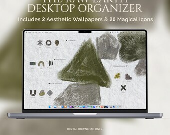 Dark Botanical Wallpaper for Mac and Windows — Sage Green Desktop Organizer with Earth Tone Folder Icons and Wabi Sabi Aesthetic