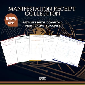 May include: A digital download graphic featuring a collection of manifestation receipts. Each receipt has a different colored border: red, gray, yellow, and blue. The receipts have a grid pattern and text that reads "Manifestation Receipt" and "Order No."