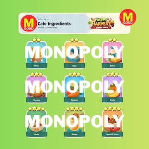 May include: A digital game interface titled Cafe Ingredients from Happy Harvest with Looney Tunes. It displays nine collectible cards labelled Flour, Eggs, Dairy, Cheese, Veggies, Fruits, Nuts, Honey, and Special Spice, each featuring star ratings.