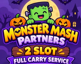 Könnte beinhalten: Eine digitale Grafik mit einem grünen Frankenstein-Monster, zwei orangefarbenen Kürbissen und Fledermäusen vor einem Vollmond. Der Text lautet Monster Mash Partners 2 Slot Full Carry Service in fetter gelber, weißer und violetter Schrift.
