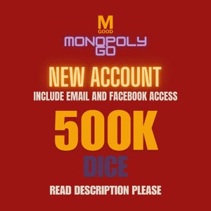 Puede incluir: Fondo rojo con el logotipo de Monopoly Go y texto. El texto dice "NUEVA CUENTA", "INCLUYE ACCESO POR CORREO ELECTRÓNICO Y FACEBOOK", "500K DADOS" y "POR FAVOR, LEE LA DESCRIPCIÓN". El logotipo incluye la letra "M" y las palabras "GOOD" y "MONOPOLY GO".