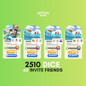 Puede incluir: Un gráfico promocional con un fondo verde degradado. Presenta cuatro tarjetas de invitación con ilustraciones de dibujos animados de personas en botes. Las tarjetas dicen "INVITE" y "UNDANG". El texto "2510 DICE 65 INVITE FRIENDS" está en la parte inferior.