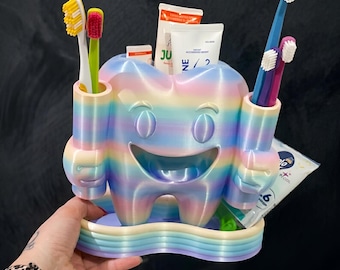 Soporte para cepillo y pasta de dientes Happy Teeth de alta calidad para organización del baño (modelo 3D, archivo STL, descarga digital)