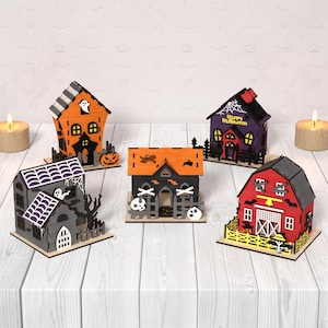 High Quality 5 Set Pack 3D Halloween Houses Laser Cut Home Decor svg, dxf, eps, png, pdf, jpg Files with Instruction Guide Digital Download