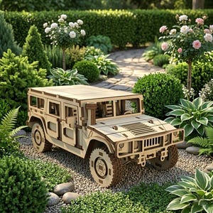 以下が含まれることがあります： レーザーカットされた詳細な木製モデルのHummer H1 SUV。明るい茶色のモデルは、緑豊かな庭園に配置されています。車には、車輪、窓、フロントグリルが見えます。