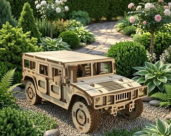Modelo Hummer H1 de alta calidad, rompecabezas 3D cortado con láser, archivos .svg y .dfx con guía de instrucciones, descarga digital.