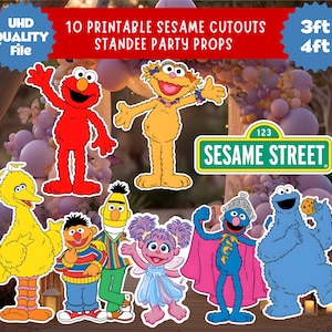 Puede incluir: Un conjunto de 10 recortes imprimibles de personajes de Barrio Sésamo, incluyendo a Elmo, Big Bird y Cookie Monster. La imagen incluye el texto "10 Printable Sesame Cutouts Standee Party Props" y "UHD Quality File". Los recortes miden aproximadamente 91 cm y 122 cm de alto.