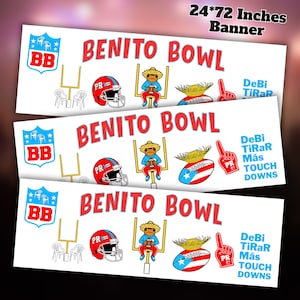 Könnte beinhalten: Weißes Banner mit dem Text "BENITO BOWL" in Rot. Das Banner enthält Illustrationen eines Footballhelms, eines Frosches mit Sombrero, eines Fußballs mit der puerto-ricanischen Flagge und eines Schaumstofffingers. Bannergröße: 61x183 cm.