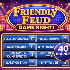 Op de afbeelding: Een digitale game night graphic met de tekst "FRIENDLY FEUD GAME NIGHT!" in goud en blauw. Functies zijn onder meer een scorebord, themalied en 40 rondes. De game is volledig aanpasbaar en gemakkelijk te gebruiken.