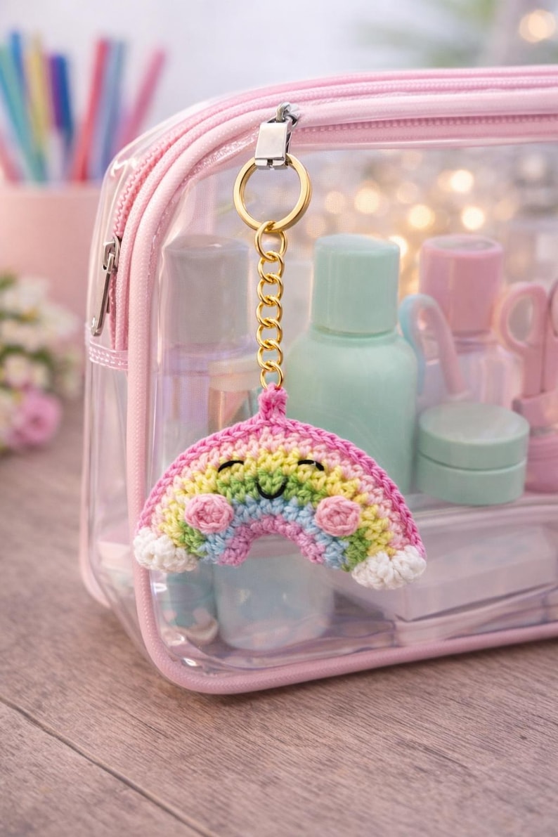 Op de afbeelding: Een kleurrijke, gehaakte regenboogsleutelhanger met een lachend gezicht, bevestigd aan een gouden ketting en ring. De regenboog heeft roze, gele, groene en blauwe tinten. De sleutelhanger hangt voor een doorzichtige roze cosmetische tas.