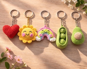 Crochet Keychain Pattern Bundle | Sun, Rainbow, Avocado, Peas Pod