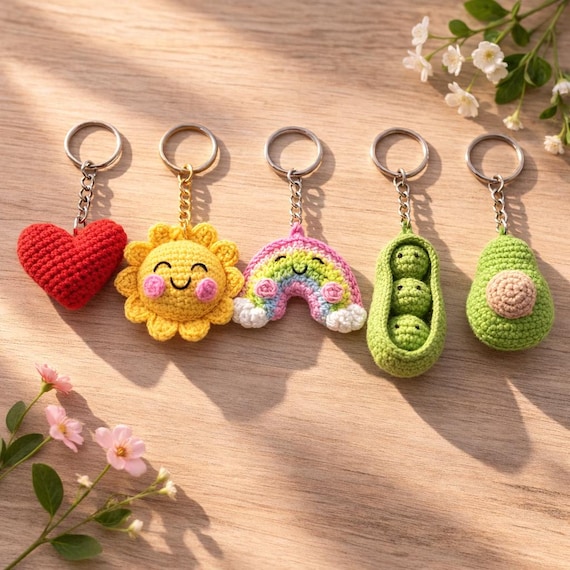 Crochet Keychain Pattern Bundle | Sun, Rainbow, Avocado, Peas Pod, Heart | PDF Download