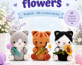 Haakpatroon voor een amigurumi kitten met bloemenboeket (PDF-download)