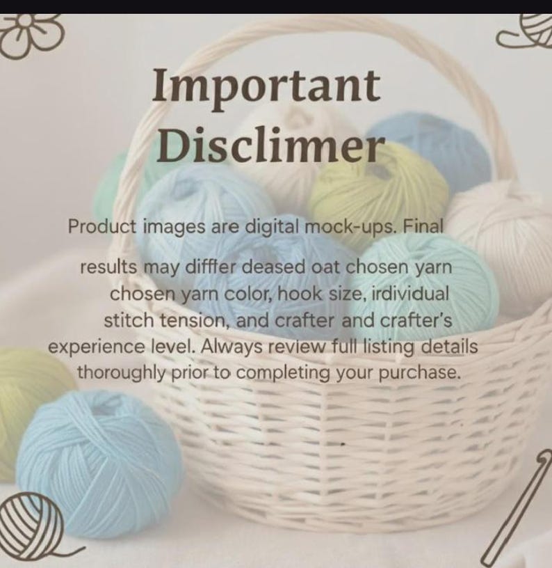 Op de afbeelding: Een rieten mand gevuld met verschillende gekleurde bollen garen, waaronder blauw, groen en wit. De afbeelding bevat tekst met "Important Disclaimer" en informatie over digitale mock-ups.