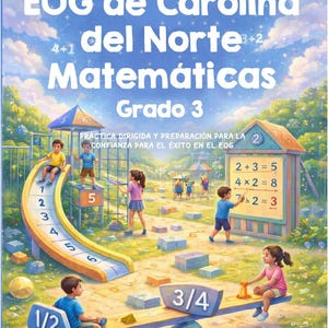 Könnte beinhalten: Illustriertes Buchcover mit dem Titel "EOG de Carolina del Norte Matemáticas Grado 3". Das Bild zeigt Kinder, die auf einem Spielplatz mit Matheaufgaben spielen. Der Name des Autors, Jacob Kohannim, steht unten.