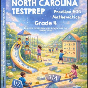 May include: A book cover for North Carolina Test Prep, Grade 4, featuring a playground scene with children and math problems. The title is in large, bold letters with the subtitle "Practice EOG Mathematics". The cover includes the author's name.