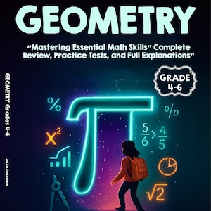 Puede incluir: Portada del libro "Geometría" con el texto "Dominar las habilidades matemáticas esenciales". La portada presenta un símbolo Pi brillante, símbolos matemáticos y una persona caminando hacia él. El libro es para los grados 4-6.