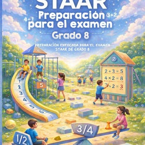 May include: A book cover titled "STAAR Preparación para el examen Grado 8" depicting a playground with children and mathematical equations. The cover includes the author's name, Jacob Kohannim, and is designed for exam preparation.