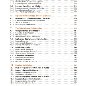 May include: A page from a book with a table of contents, featuring headings like 'Professional Development,' 'Overcoming Exam Anxiety,' and 'Practice Tests.' The text is in Spanish, with page numbers visible.