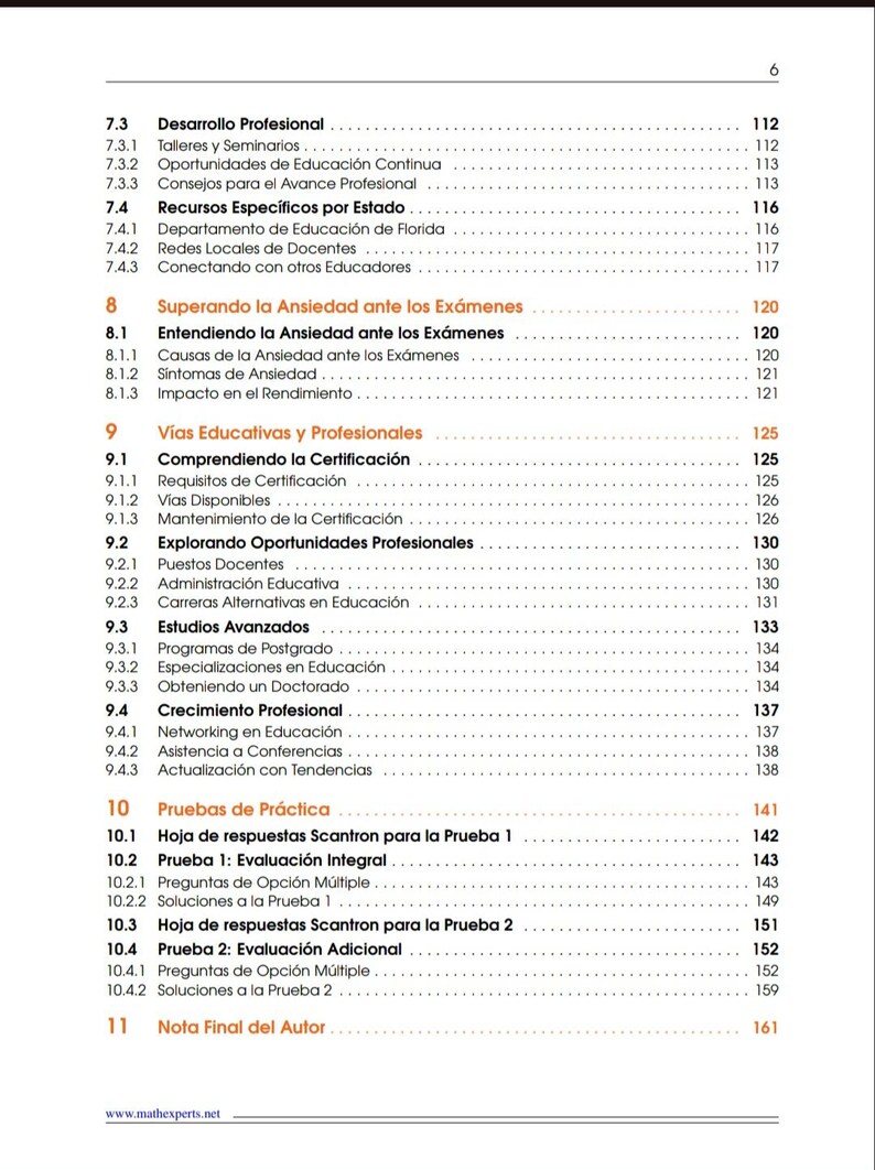 May include: A page from a book with a table of contents, featuring headings like 'Professional Development,' 'Overcoming Exam Anxiety,' and 'Practice Tests.' The text is in Spanish, with page numbers visible.