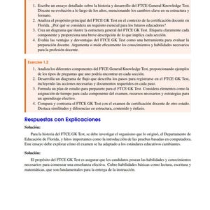 May include: A page from a textbook titled "Comprendiendo el Examen" with exercises and explanations. The text includes questions about the FTCE General Knowledge Test, covering history, structure, and preparation strategies.