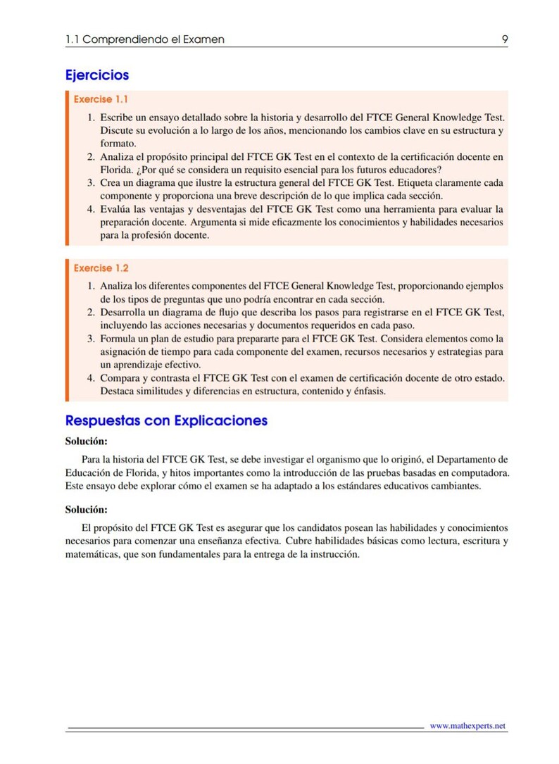 May include: A page from a textbook titled "Comprendiendo el Examen" with exercises and explanations. The text includes questions about the FTCE General Knowledge Test, covering history, structure, and preparation strategies.