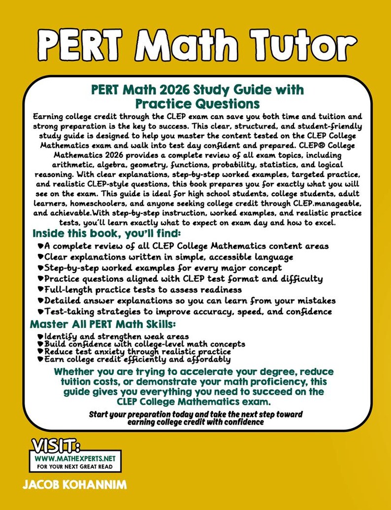 PERT Math Tutor 2026 Study Guide | Practice Questions (digital Download ...