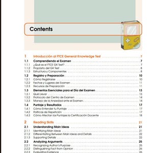 May include: A page from a study guide with the title "Contents" at the top. The guide is for the FTCE General Knowledge Test, with sections on exam understanding, registration, and reading skills. A small, yellow retro game console graphic is in the upper right corner.